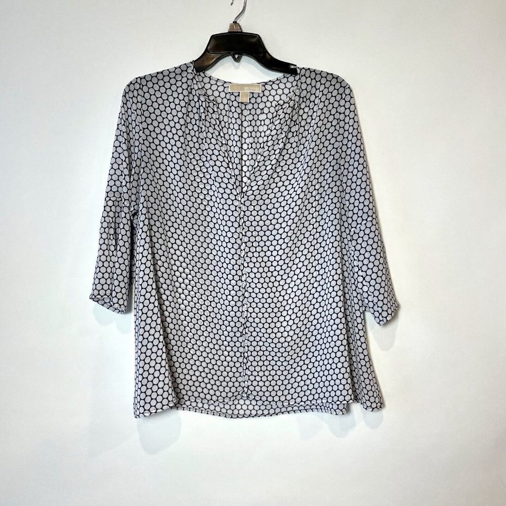 Michael Kors Popover Blouse Top Womens Small Black Polka Dots 3/4 Sleeve‎ V-neck